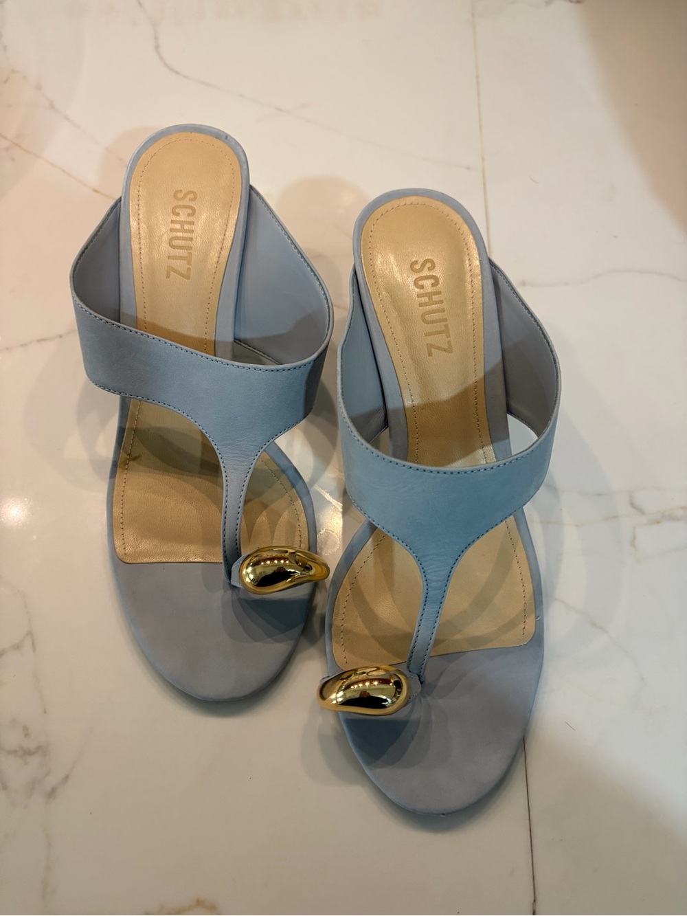 SCHUTZ Light Blue Slip-On Thong Sandals with Gold Accent